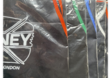 RONNEY čierna zástera s modrým lemom a logom RONNEY